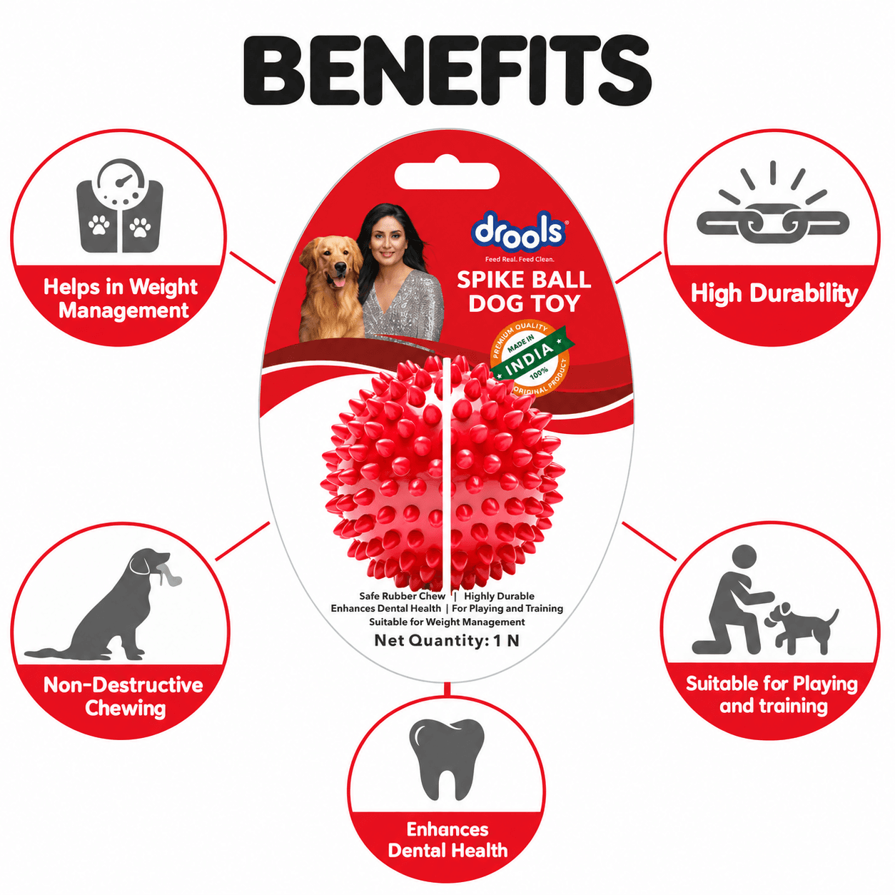 Drools Spike Ball Rubber Dog Toy – 3 Inch (Red) view 3