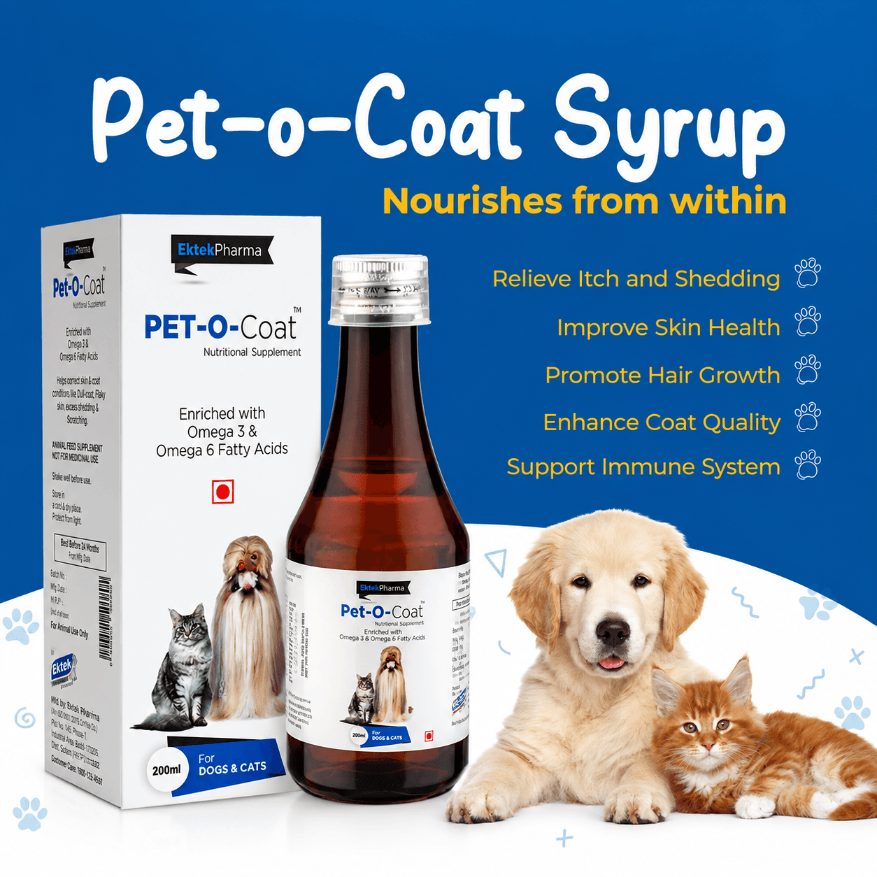 Ektek Pharma Pet-O-Coat Omega 3 & 6 Nutritional Supplement for Dogs & Cats – 200ml view 2