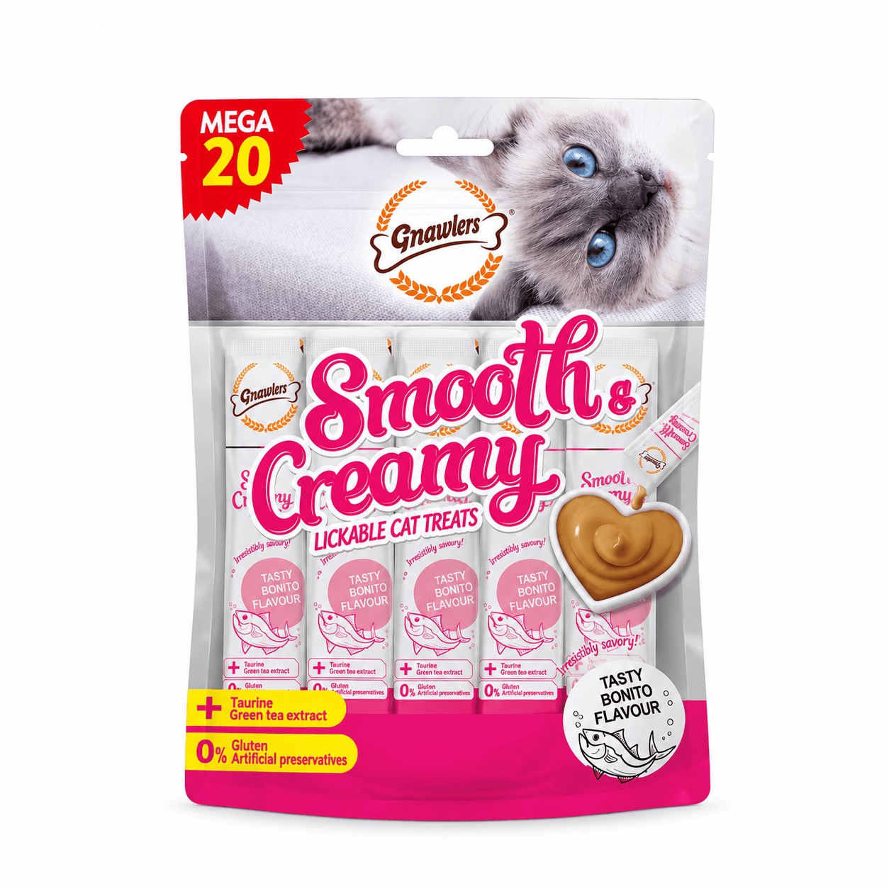 Gnawlers Smooth & Creamy Tasty Bonito Flavour Lickable Cat Treats 300 g (20 × 15 g)