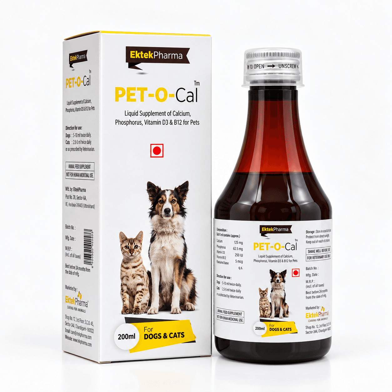 Ektek Pharma Pet-O-Cal Calcium, Phosphorus, Vitamin D3 & B12 Supplement for Dogs & Cats – 200ml view 2