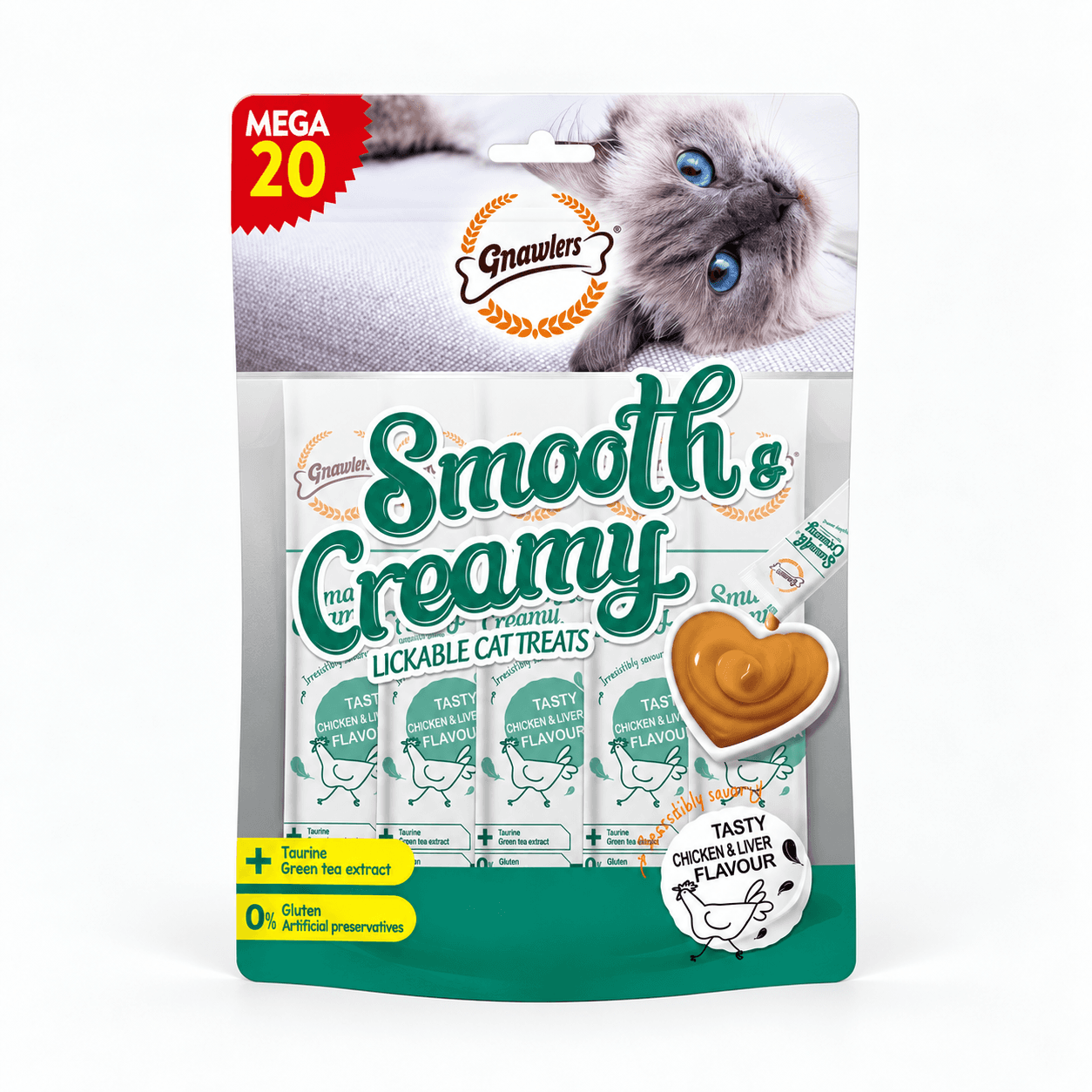 Gnawlers Smooth & Creamy Tasty Chicken & Liver Flavour Lickable Cat Treats 300 g (20 × 15 g)