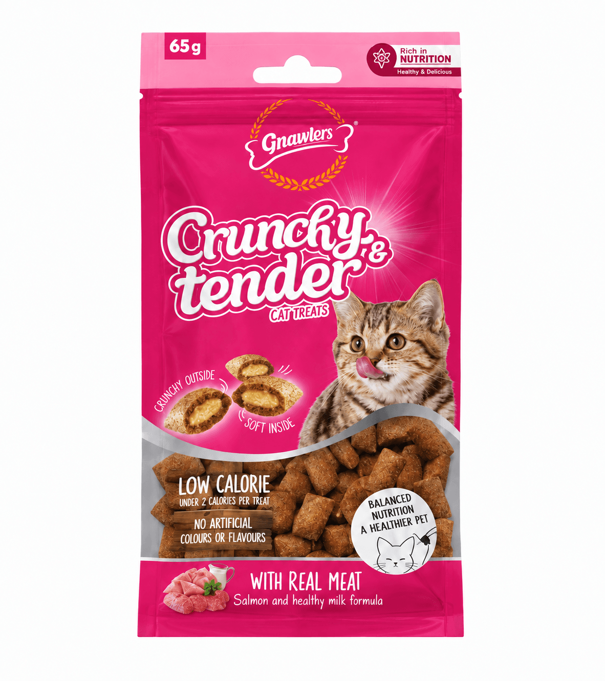 Gnawlers Crunchy & Tender Salmon & Milk Flavour Cat Treats 65g