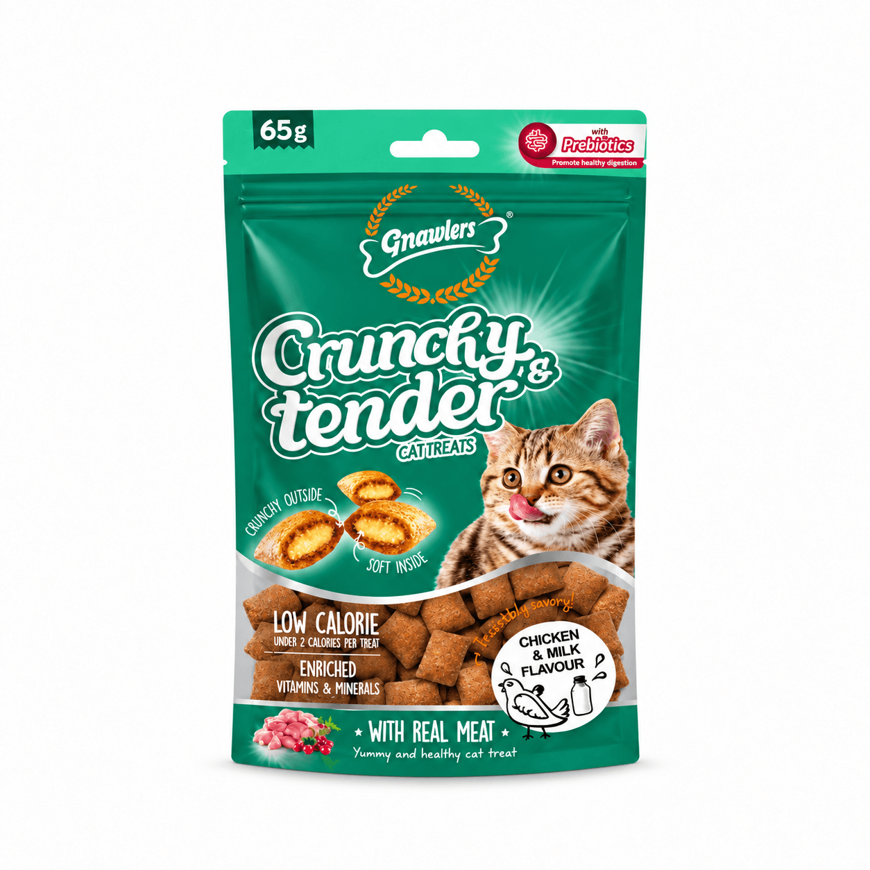 Gnawlers Crunchy & Tender Tasty Chicken & Milk Flavour Cat Treats 65g